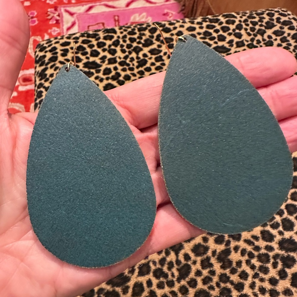 Geometric Blue & Gold Leather Teardrop Earrings - Picture 3 of 8